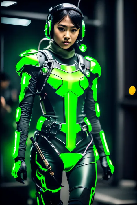 beautiful japanese young woman, extreme detailed, bodysuit, gloves, belt, thigh boots, (valorantViper:1.2), bodysuit, gloves, belt, thigh boots, respirator, looking at viewer, face, portrait, close-up, green, slender, (combat ready stance), (tactical outfi...