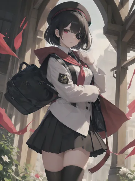 Masterpiece, top quality, super detailed, 16k,
One girl, spring, high school, warm colors, school bag, accurate and highly detailed background, flock of schoolgirls in uniforms of various body shapes and hairstyles, cute.
Blake.
Black hair with a short bob...