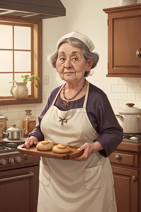 there is a woman holding a tray of donuts in a kitchen