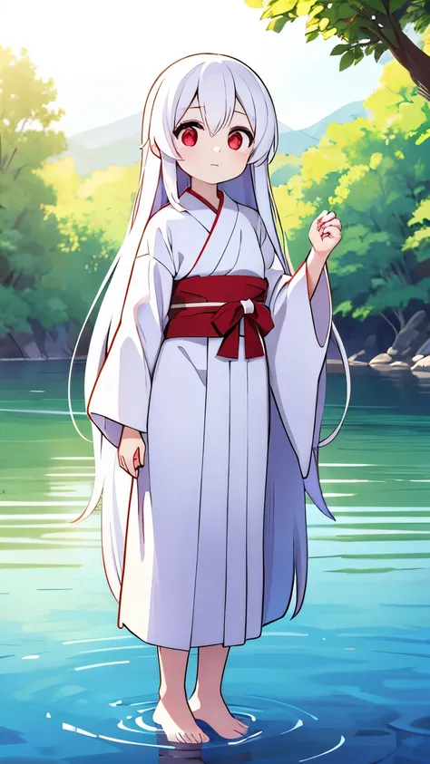 Age unknown,Unknown gender,White, super long straight hair,Red eyes,white kimono,White Hakama,God,Standing on the water.Barefoot