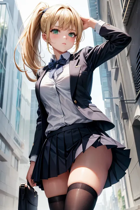 18 yo school girl, dark navy blazer, pleated mini skirt, blonde ponytail, green eyes, cowboy shot, standing, white socks,