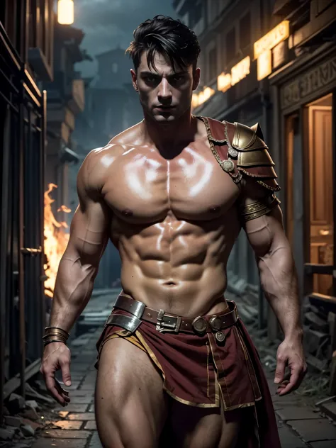 ((masterpiece)),((best quality)),8k, high detailed, ultra-detailed, Stylish Pose, real skin texture, dark cinematic lighting, full body shot, 35 mm lens, (masculine:1.6), 26-year-old Italian male model, handsome Roman, he is the god of war, he is Ares, Mar...