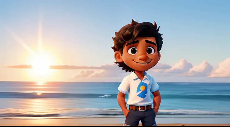 Um homem branco de 24 anos cabelo preto e sorrindo. Ambiente na praia, watching the sun set. Imagem tipo Disney