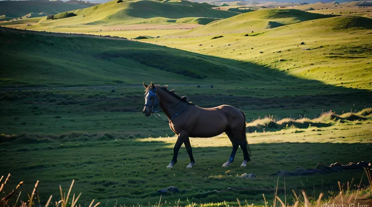 imagem realista de um cavalo no pasto com uma paisagem clara e azul