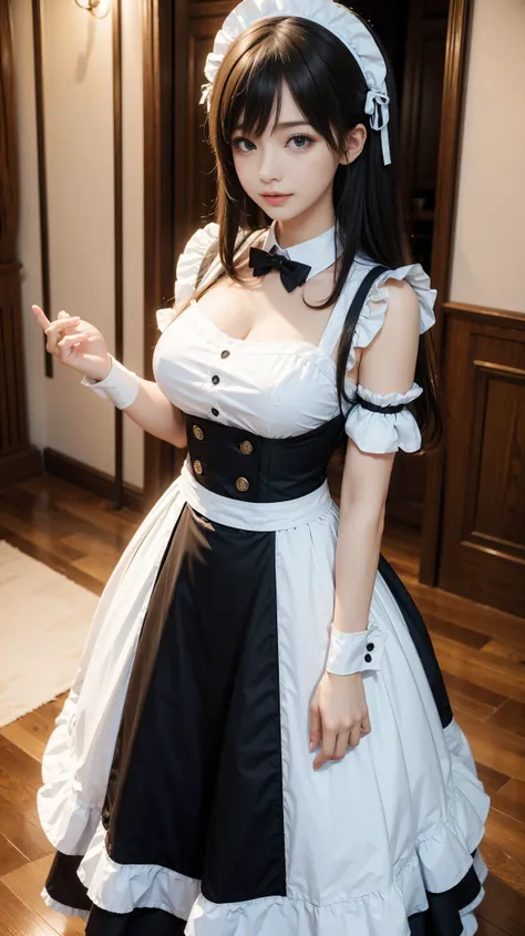 masterpiece, highest quality, high resolution,, super vivid，hyper quality，8k, real，one girl, large breasts,(1.6)，maid clothes,