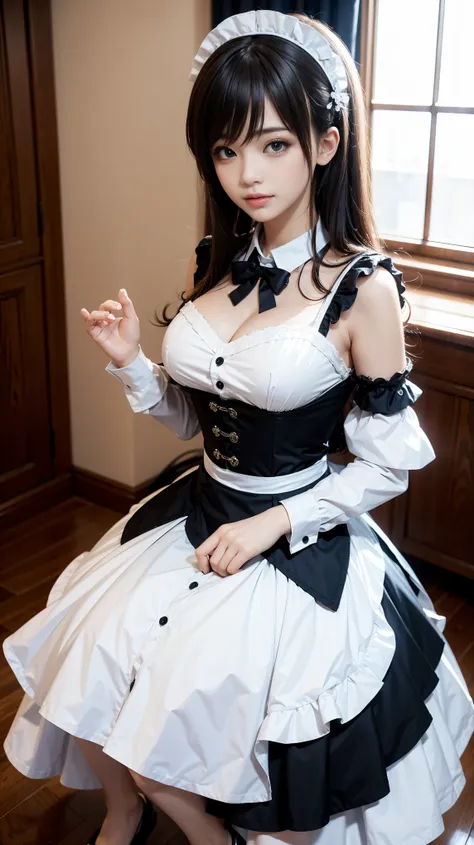 masterpiece, highest quality, high resolution,, super vivid，hyper quality，8k, real，one girl, large breasts,(1.6)，maid clothes,