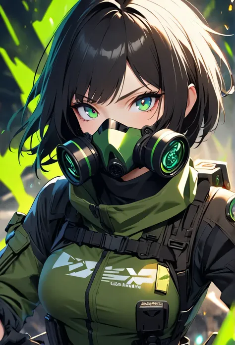 beautiful japanese young woman, extreme detailed, bodysuit, gloves, belt, thigh boots, (valorantViper:1.2), bodysuit, gloves, belt, thigh boots, respirator, looking at viewer, face, portrait, close-up, green, slender, (combat ready stance), (tactical outfi...