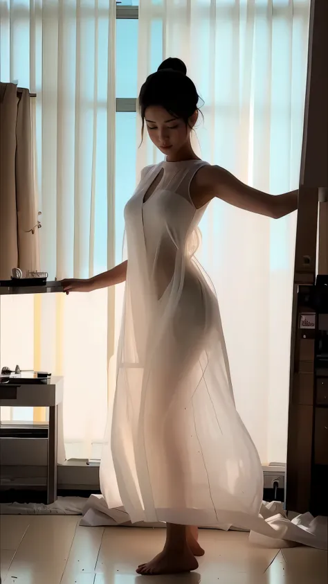 (masterpiece, best quality:1.2), 1girl, solo, delicate face, white-skinned female, see-through silhouette, white dress, full bod...