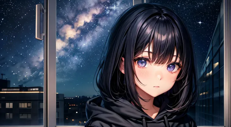 woman　1 person　Black Hair　Berry Short　Large hoodie　Perfect facial expression　Perfect hair description　Perfect eye depiction　Outside the window is a starry sky　