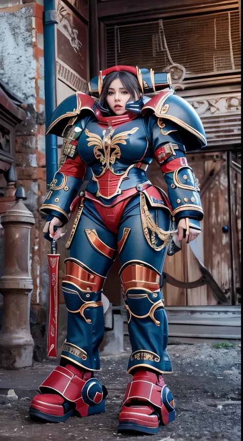 (The main subject: Wide-angle lens), salama，Singer Madonna as Marine Astartes, (Show on the(humongous large breast)Power mech) colours： red colour, (warhammer40k)，Realistic metal mech,Standing in the street.(Best quality,4K,8K,A high resolution,Masterpiece...