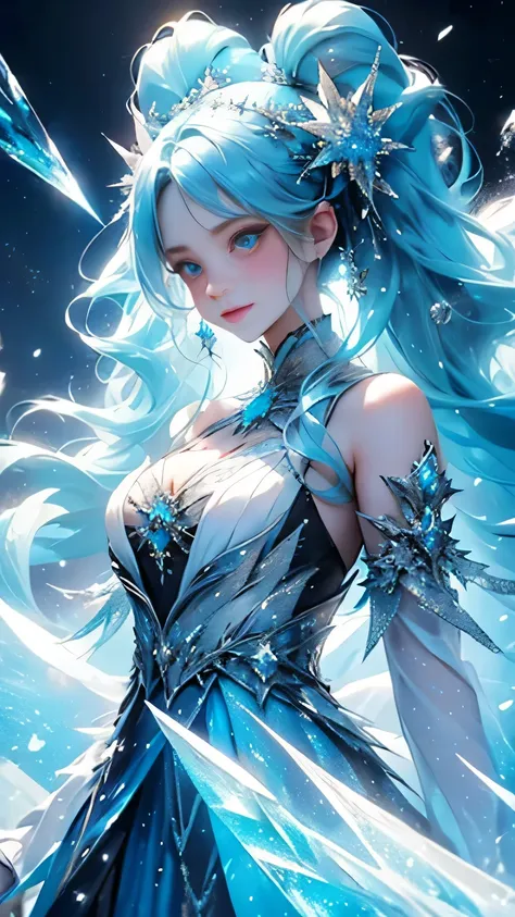 masterpiece, best quality, long light blue hair, twin tails, sparkling blue eyes, gothic, ice, ice clothes, frills, detailed bac...