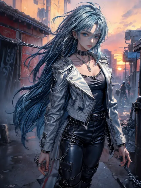 cinematic lighting、highest quality,cyberpunk world、1 female、(20 year old beautiful woman、Detailed beautiful facial featureEdium hair blue hair、shoulder length hair、messy hair、blue eyes:1.4)break,medium hair、（Bright blue hair:1.5）
break
((dark leather rebel...