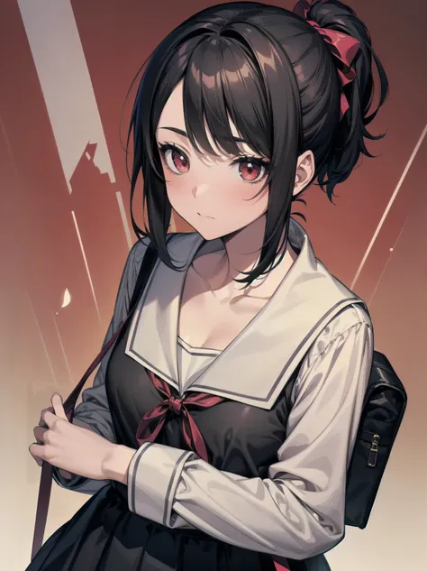 Masterpiece, top quality, super detailed, 16k, One girl, spring, high school, warm colors, school bag, accurate and highly detailed background, flock of schoolgirls in uniforms of various body shapes and hairstyles, cute. Blake. kaguya shinomiya, red eyes,...