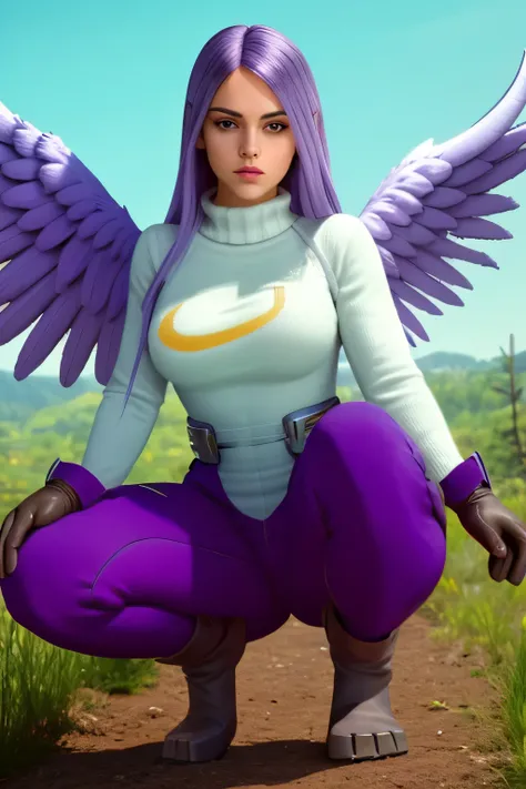 a rude archangel goddess woman beautiful sexual sexy purple hair her orange eye big eyebrows she wears a ribbed sweater and her ...