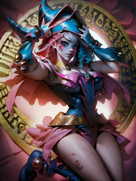 Maga oscura gils vestida de Harley Quinn. Tiene cabello rubio y negro. Ojos azules. Labios rojos. Dark magician gils is dressed as Harley Quinn. Pose sensual y inocente. Fondo de circo y magia.