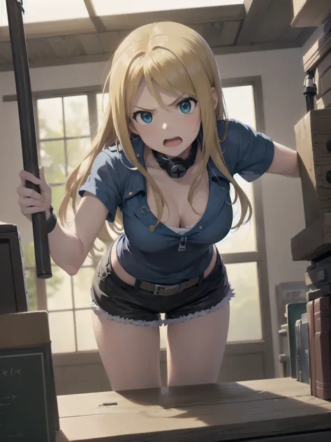 1girl,winry rockbell,fullmetal alchemist,
angry , open mouth,pose,
leaning forward, focus on face,
broken mechanical  parts on desk,, (masterpiece:1.2),(best quality:1.2),newest,   ai-generated,