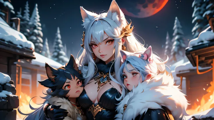 Enrage beautiful female werwolf with silver hair lot of golden jewellery on her ears dressed in fur open fur armor protecting couple wolf cubs near cave layer under the red moon, ultra high quality fantasy art, masterpiece, full body figure character, ultr...