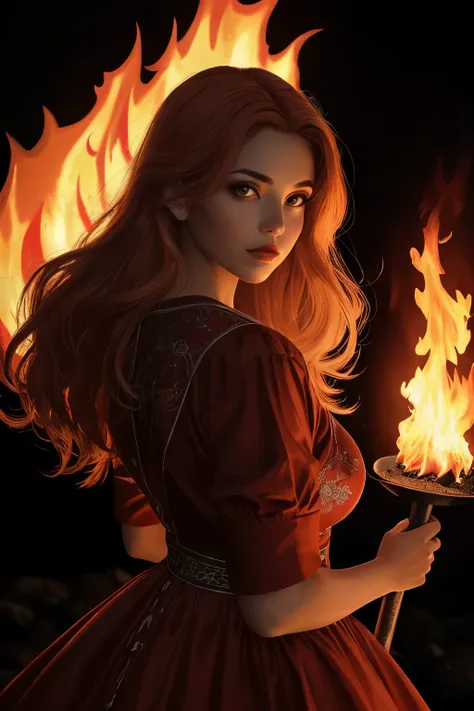 Make me a female character, (realista). Com cabelos vermelhos longos e ondulados, orelhas de raposa, large, expressive eyes with bright red irises, e veste uma roupa vermelha e preta semelhante a uma armadura estilizada. She is surrounded by flames or a fi...