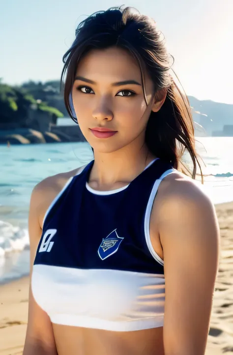 highest quality, (Realistic:1.4), Very detailed, Very delicate and beautiful, 8k, Ultra-high resolution, From the knee up、(Realistic photos of cute and beautiful Japanese female beach volleyball players, alone), (Separate type uniform for beach volleyball:...