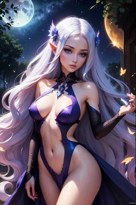 Moon Elf woman greatly favoring Paris Hilton(unearthly beauty, in the shadows she has 8 arms,  amazing proportions, lithe a nd elegant, stars seem to hang and twinkle in her long lustrous hair, (very revealing) dressed in scant extremely fine translucent s...