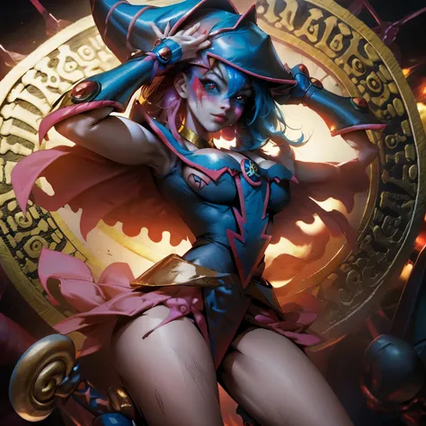 Maga oscura gils vestida de Harley Quinn. Tiene cabello rubio y negro. Ojos azules. Labios rojos. Dark magician gils is dressed as Harley Quinn. Pose sensual y inocente. Fondo de circo y magia.