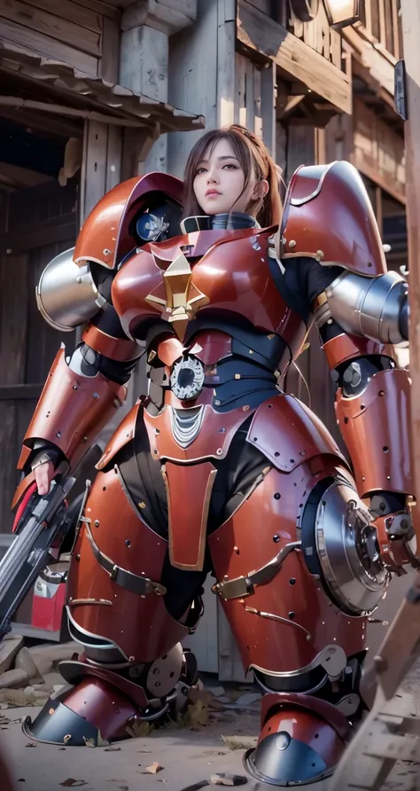 (The main subject: Wide-angle lens), salama，Singer Madonna as Marine Astartes, (Show on the(humongous large breast)Power mech) colours： red colour, (warhammer40k)，Realistic metal mech,Standing in the street.(masterpiece, best quality:1.2), (8k uhd, 16k, 32...