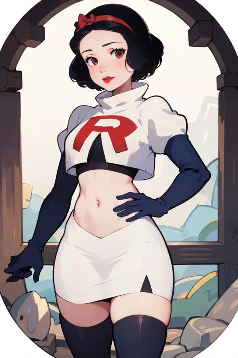 1girl, solo,   snowwhite, short hair, black hair, smooth hair, brown eyes, lipstick, red lipstick, pale skin, hair bow, hairband...