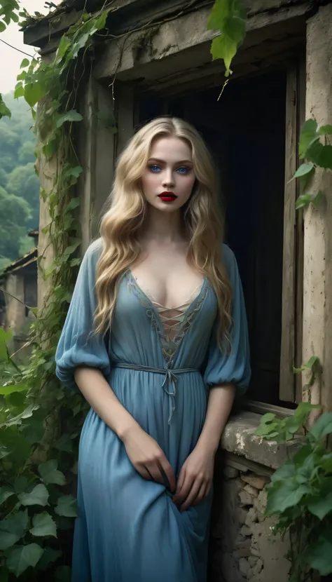 (best quality,4k,8k,highres,masterpiece:1.2),ultra-detailed,(realistic,photorealistic,photo-realistic:1.37),creepy girl in an abandoned village,lush greenery,hauntingly beautiful girl with pale skin,long,flowing hair in disarray,mesmerizing and intense blu...