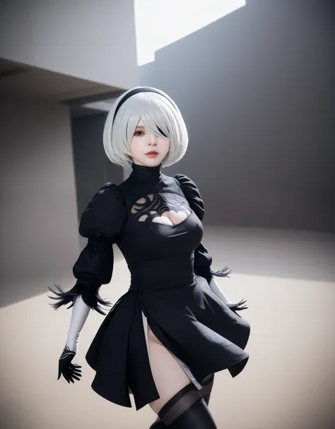 real photos、nier:beautiful cosplay of 2b from automata、2b、a woman cosplaying as 2b、white skin、tall、great style、big breasts、small...