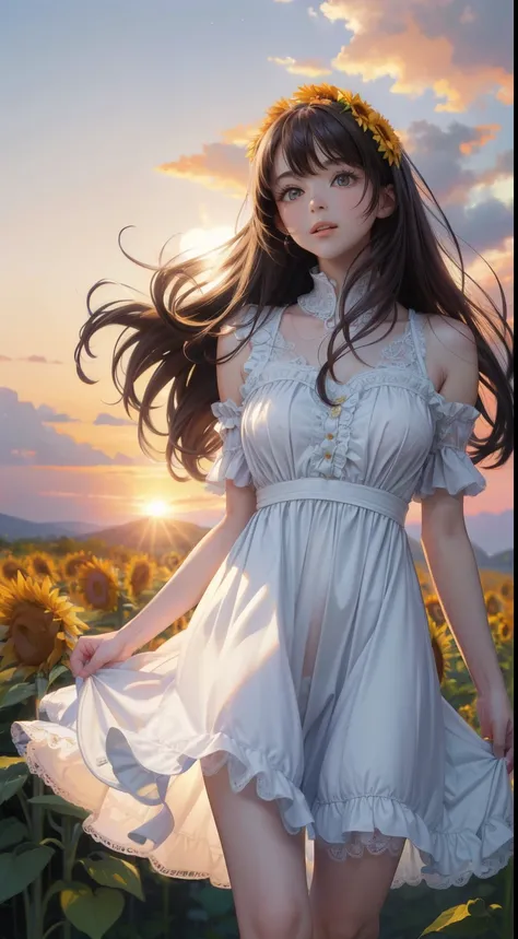 very cute and beautiful girl,White ruffled sundress with fine lace,(Very exquisite beautiful face and eyes:1.2),
standing in the middle of a field of sunflowers,Beautiful summer sky,
Mid Shot,(smile),Black Hair,Dynamic pose,Leg details,
(highest quality,ma...