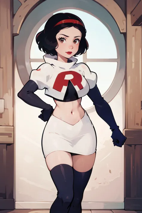 1girl, solo,   SnowWhite, short hair, black hair, smooth hair, brown eyes, lipstick, red lipstick, pale skin, hair bow, hairband, team rocket,team rocket uniform,white skirt,red letter R,crop top,black thigh-highs,black elbow gloves, cowboy shot, looking a...