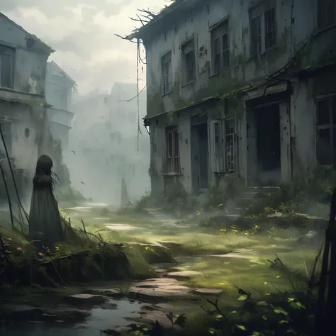 nostalgic,haunting village girl,hazy atmosphere,abandoned buildings,dilapidated houses,dense fog,dark and mysterious,withered trees,decaying walls,eerie silence,gloomy lighting,loneliness,lost innocence,mystical presence,overgrown vegetation,faded memories...