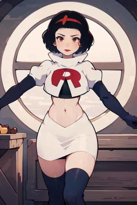 1girl, solo,   SnowWhite, short hair, black hair, smooth hair, brown eyes, lipstick, red lipstick, pale skin, hair bow, hairband, team rocket,team rocket uniform,white skirt,red letter R,crop top,black thigh-highs,black elbow gloves, cowboy shot, looking a...