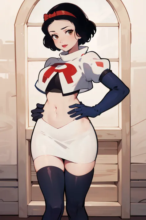 1girl, solo,   SnowWhite, short hair, black hair, smooth hair, brown eyes, lipstick, red lipstick, pale skin, hair bow, hairband, team rocket,team rocket uniform,white skirt,red letter R,crop top,black thigh-highs,black elbow gloves, cowboy shot, looking a...