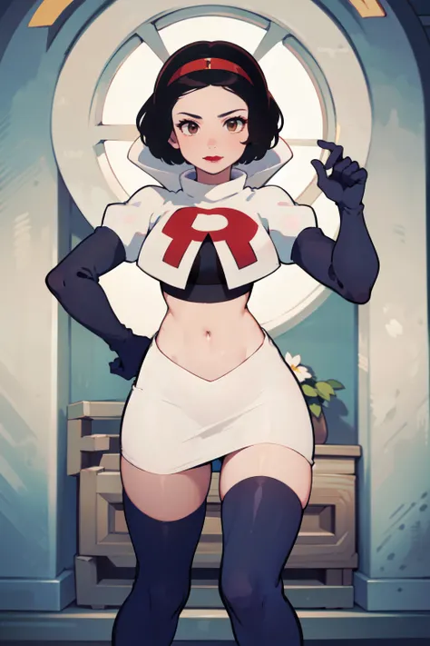 1girl, solo,   SnowWhite, short hair, black hair, smooth hair, brown eyes, lipstick, red lipstick, pale skin, hair bow, hairband, team rocket,team rocket uniform,white skirt,red letter R,crop top,black thigh-highs,black elbow gloves, cowboy shot, looking a...