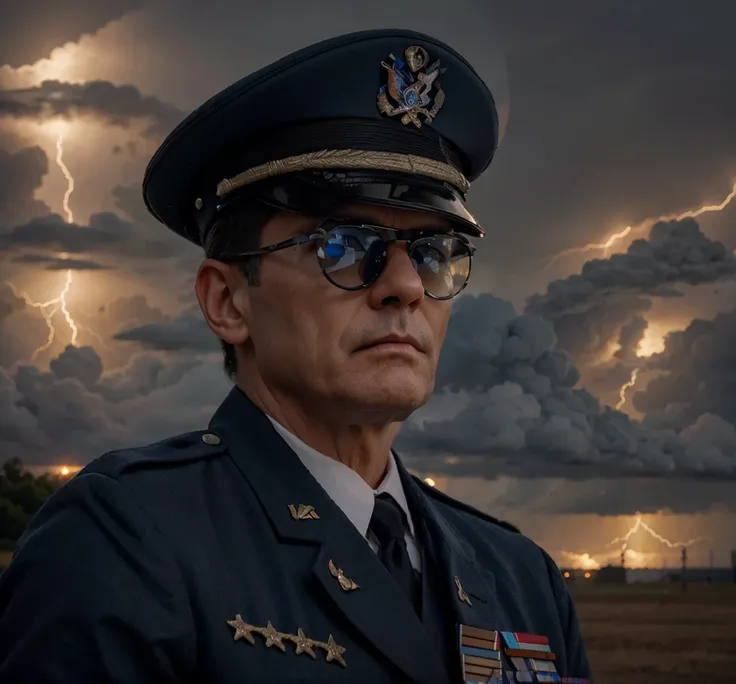 American military, mature American man very masculine face serious expression, wears dark blue air force officer uniform, officers hat, medals on his uniform, wears magnifying glasses, is outdoors outside a military base, electrical storm , radars, Ultra d...