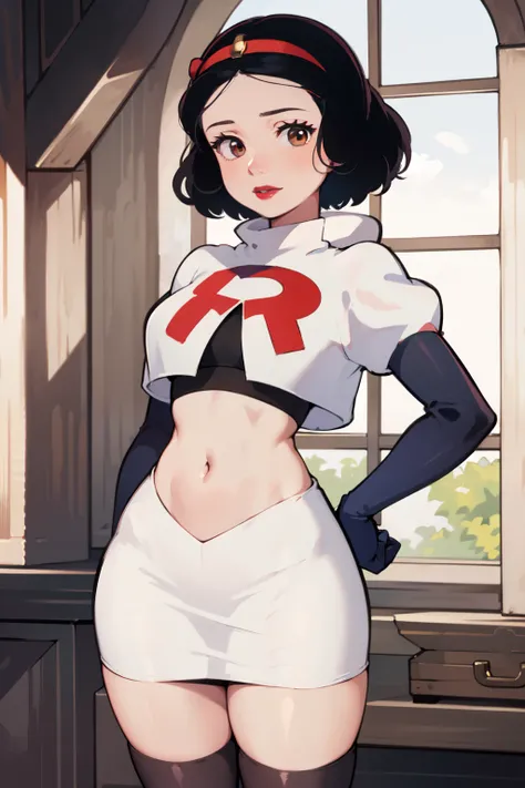 1girl, solo,   SnowWhite, short hair, black hair, smooth hair, brown eyes, lipstick, red lipstick, pale skin, hair bow, hairband, team rocket,team rocket uniform,white skirt,red letter R,crop top,black thigh-highs,black elbow gloves, cowboy shot, looking a...