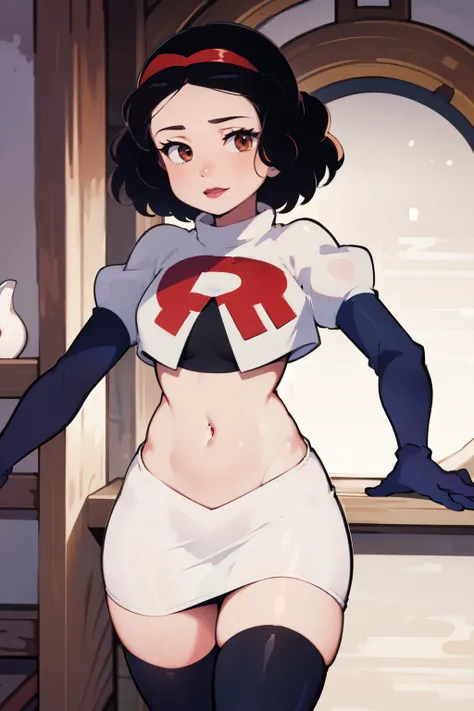 1girl, solo,   SnowWhite, short hair, black hair, smooth hair, brown eyes, lipstick, red lipstick, pale skin, hair bow, hairband, team rocket,team rocket uniform,white skirt,red letter R,crop top,black thigh-highs,black elbow gloves, cowboy shot, looking a...
