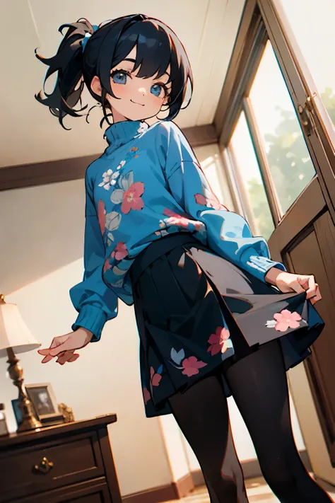 In the best quality、Teenage girl standing in a room。In high resolution、Beautiful details、Quiet atmosphere。Black hair ponytail、Cute Smile.。Cute floral blue sweater、Black tights、Wearing a cute floral blue skirt。