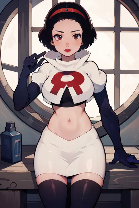 1girl, solo,   snowwhite, short hair, black hair, smooth hair, brown eyes, lipstick, red lipstick, pale skin, hair bow, hairband...