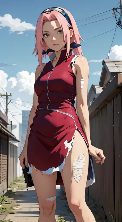 masterpiece， The best quality at its best， One girl，alone， Sakura Haruno， Small breasts，（Lower body close-up)，Raised to be sexy，I&#39;m shy，Pink Hair， Long white hair， （Green Eyes:1.3)， Forehead Protection， Sharp focus， blue sky， cloud， hidden village，Long...