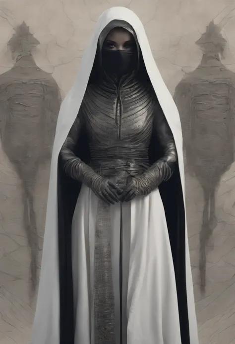 Veiled Extraterrestrial Female, haunting presence, black robes covering face, dune background, bene gesserit inspired clothing, 4k, realistic, portrait