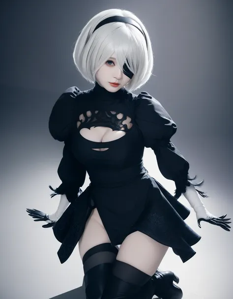 real photos、nier:beautiful cosplay of 2b from automata、2b、a selfie of a woman cosplaying as 2b、white skin、tall、great style、big b...