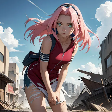 masterpiece， The best quality at its best， One girl，alone， Sakura Haruno， Small breasts，（Lower body close-up)，Raised to be sexy，I&#39;m shy，Pink Hair， Long white hair， （Green Eyes:1.3)， Forehead Protection， Sharp focus， blue sky， cloud， Long red clothes，Zi...