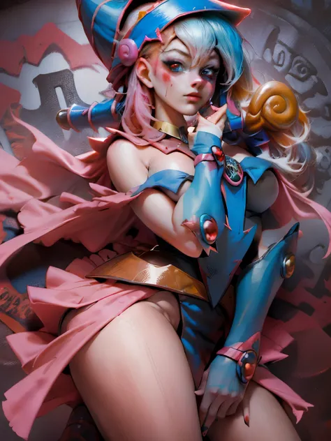 Maga oscura gils vestida de Harley Quinn. Tiene cabello rubio y negro. Ojos azules. Labios rojos. Dark magician gils is dressed as Harley Quinn. Pose sensual y inocente. Fondo de circo y magia.