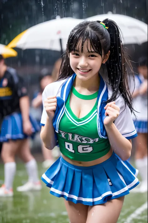 The heavy rain has left my hair, face and clothes soaked.　Rain-soaked face or dripping water　masterpiece、超High resolution、well done!、彼女 has a very cute face and a young figure like an idol.18 year old Japanese cheerleader、Gentle and cute、A gentle smile is ...