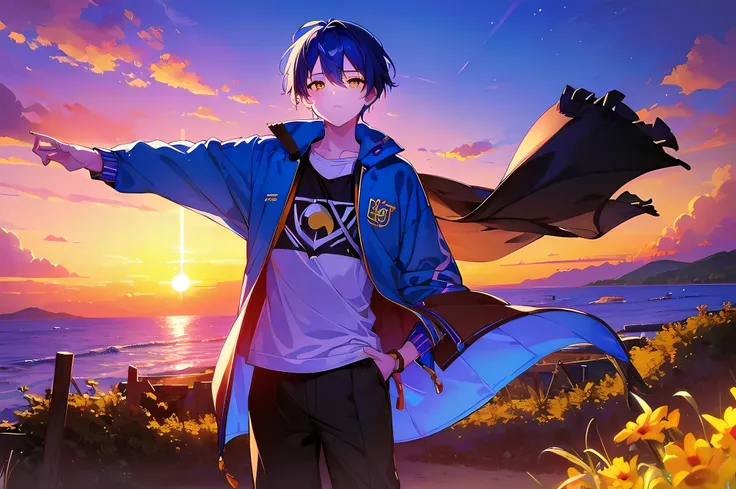 [(APOCALYPSE End of WORLD:1.5),::5], ((((masterpiece)))), high quality, very_high_resolution, large_filesize, full color, ((younger boy)), 13 old year, short deepblue hair, vivid color, ((yellow eye)), civilian clothes white, animestyle, (SUNSET SKY:1.3)