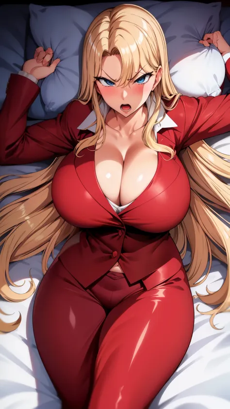 blonde hair,milf,blue eyes,long hair,angry,red suit,,open mouth,huge breasts,curvy,,lying,on bed,dakimakura,blush