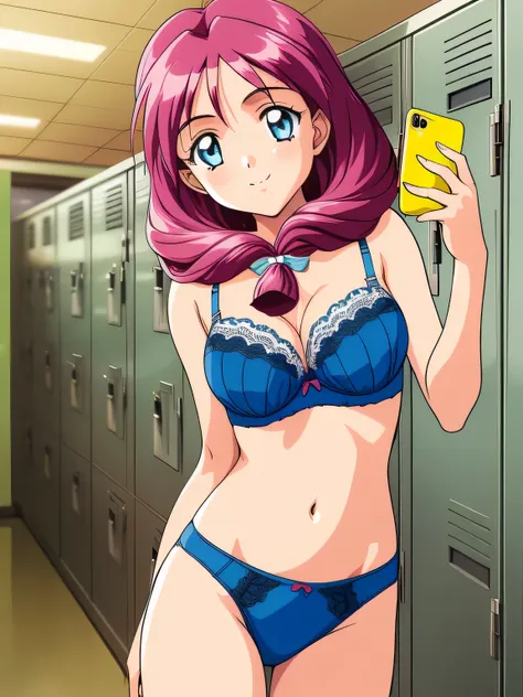 shirayuki, １people girls, smile, blue eyes,browsing caution,locker room,underwear,bra,take a selfie,good,retro artstyle, twins, ...