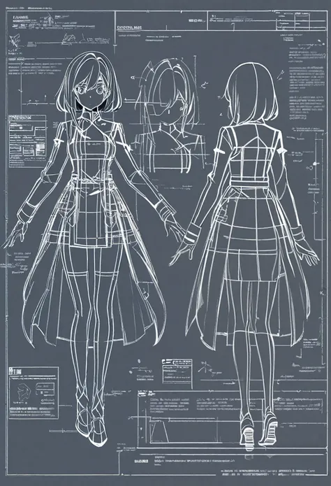 blueprint of a lineart girl, multiple perspectives, schematics, labels, full body, lineart, sharp lines, crisp,